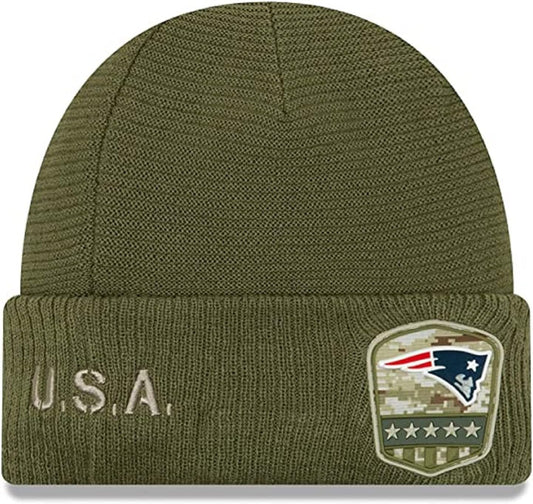 Authentic Collection Patriots Sideline Cold Weather Cuffed Knit Beanie Cap Hat One Size Fit Most Salute (US, Alpha, One Size, Salute to Service)