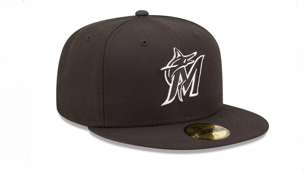 New Era Miami Marlins Black/White Basic 59FIFTY Fitted Cap Men's Hat 11875069 (US, Numeric, 7 3/8, Black/White)