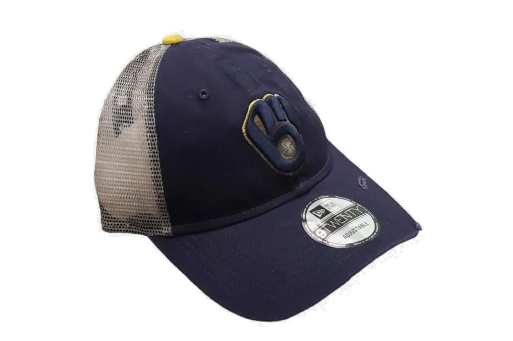 New Era Men's Rustic Faded Rips Trucker Snapback Unstructured 9twenty Hat Cap (US, Alpha, One Size, Blue, Milwaukee Brewers Glove)