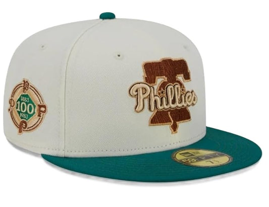 New Era Men's Philadelphia Phillies Cooperstown Collection Camp 59FIFTY Fitted Hat Ivory/Green (US, Numeric, 7 3/4, Ivory/Green)