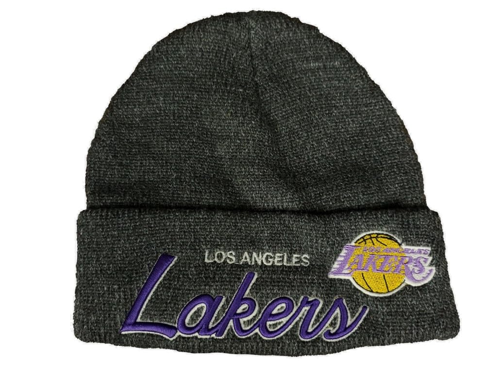 Mitchell & Ness LA Lakers Glow in The Dark Cuff Beanie Knit Cap 3D Script Logo Gray Hat NWT