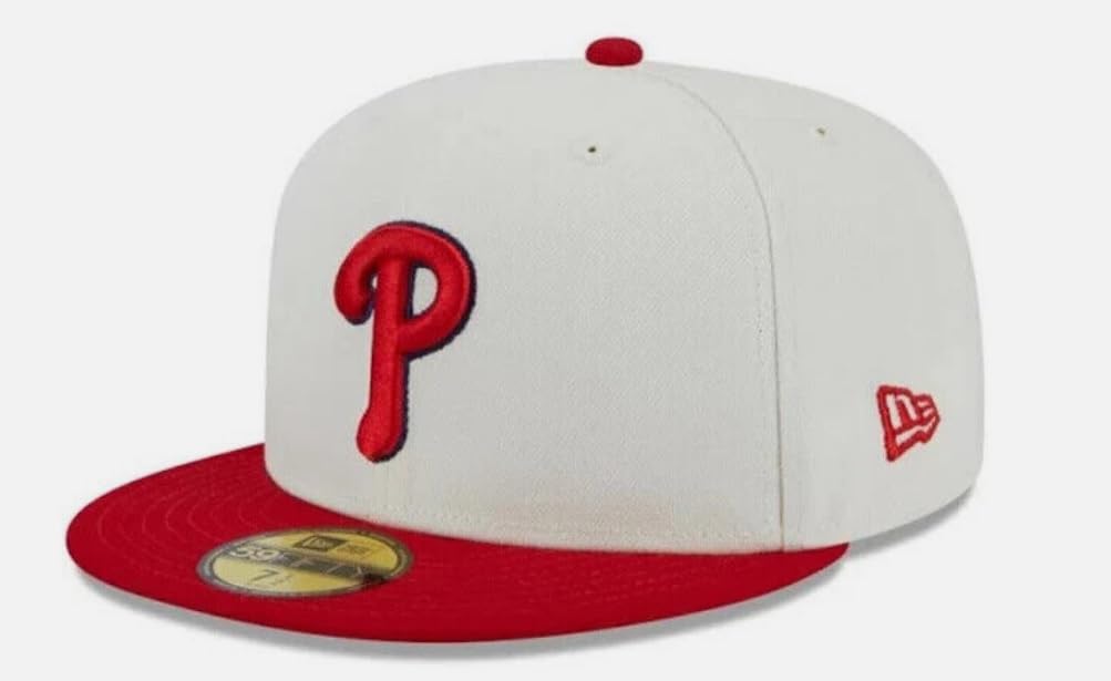 New Era Men's Philadelphia Phillies World Series 2008 Retro Cooperstown 59Fifty 5950 Fitted Hat Cap Ivory/Red (US, Numeric, 7 1/4, Ivory/Red)