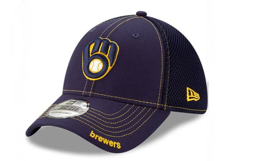 New Era Milwaukee Brewers Mens Navy Blue Team NEO 39THIRTY Flex HAT (US, Alpha, Large, X-Large, Blue/Yellow)