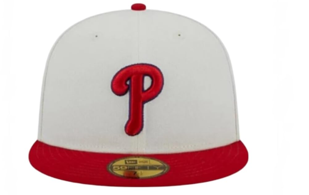New Era Philadelphia Phillies World Series 2008 Retro Cooperstown 59Fifty 5950 Fitted Hat Cap, Ivory/Red