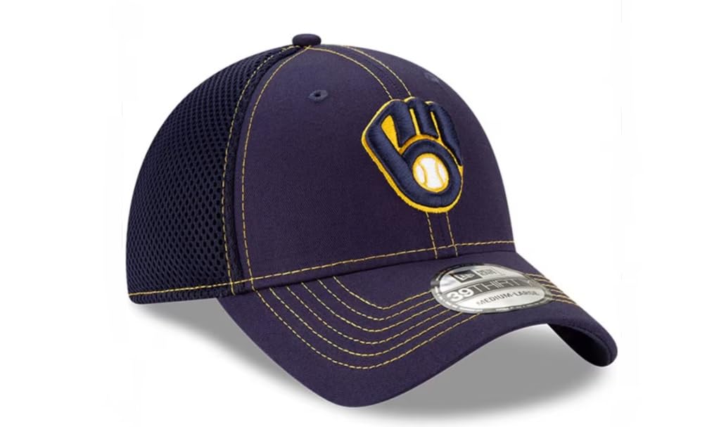 New Era Milwaukee Brewers Mens Navy Blue Team NEO 39THIRTY Flex HAT (US, Alpha, Medium, Large, Blue/Yellow)
