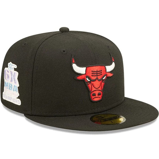 New Era Chicago Bulls 6X NBA Finals Champions Pop Sweat 59FIFTY Fitted Hat - Black (US, Numeric, 8, Multicoloured)