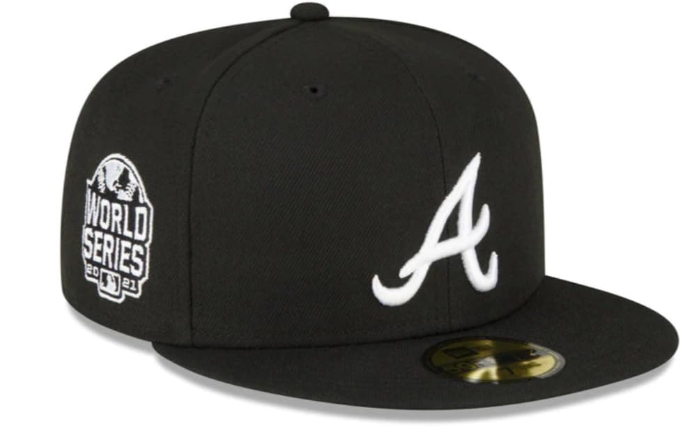 New Era Men's Atlanta Braves 59FIFTY 2021 World Series Champions Side Patch Fitted Cap, Hat Black/White (US, Numeric, 7 3/8, Black/White)