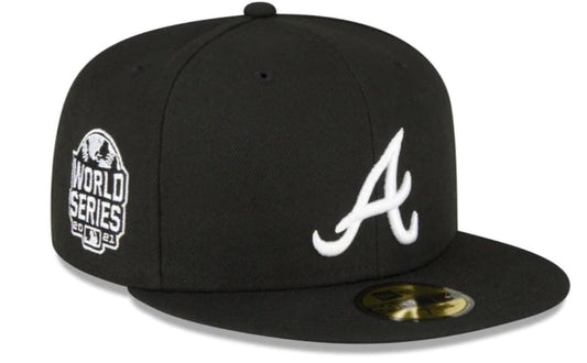 New Era Men's Atlanta Braves 59FIFTY 2021 World Series Champions Side Patch Fitted Cap, Hat Black/White (US, Numeric, 7 3/8, Black/White)