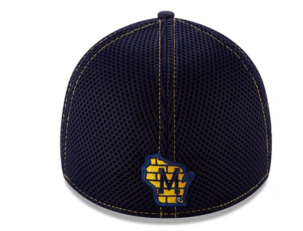 New Era Milwaukee Brewers Mens Navy Blue Team NEO 39THIRTY Flex HAT (US, Alpha, Large, X-Large, Blue/Yellow)