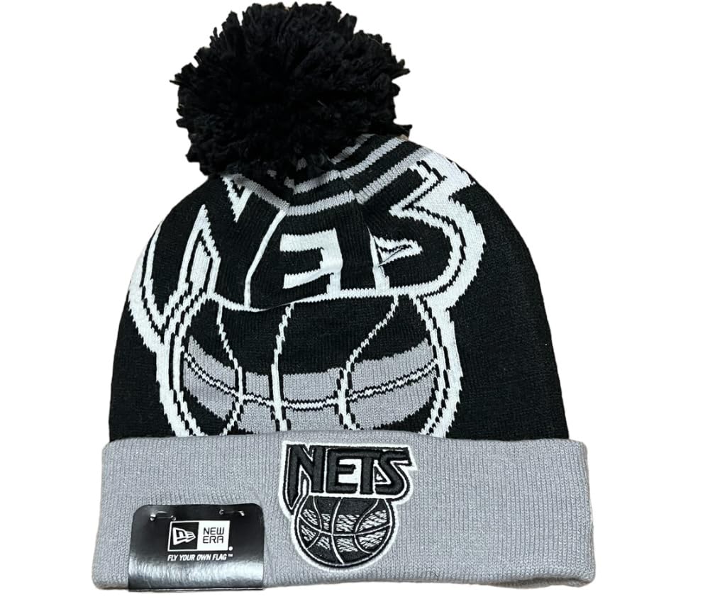 New Era Men's New Jersey Nets Knit Beanie Cap Grey Black