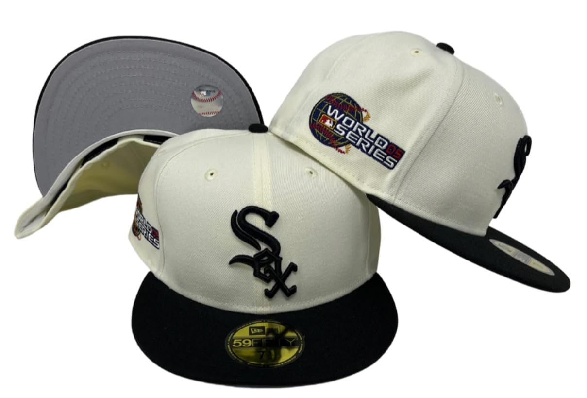 New Era Men's Chicago White Sox 59FIFTY 2005 World Series Champions Side Patch Fitted Cap, Hat Cream/Black (US, Numeric, 7 5/8, Off-White/Black)
