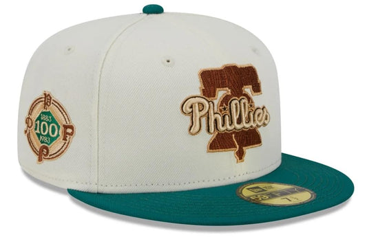 New Era Men's Philadelphia Phillies Cooperstown Collection Camp 59FIFTY Fitted Hat Ivory/Green (US, Numeric, 7 5/8, Ivory/Green)