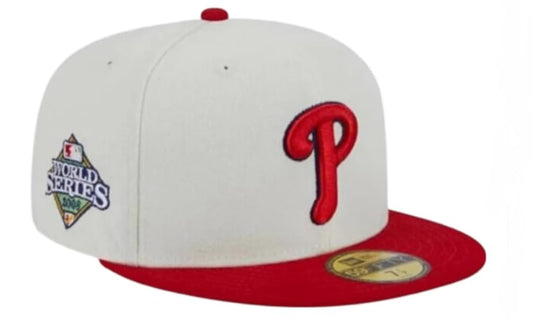 New Era Philadelphia Phillies World Series 2008 Retro Cooperstown 59Fifty 5950 Fitted Hat Cap, Ivory/Red