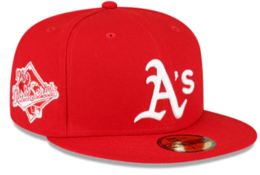 New Era Men's Oakland Athletics 1989 World Series Game Side Patch 59Fifty 5950 Fitted Hat Cap Scarlet Red/White (US, Numeric, 7 1/2, Red/White)