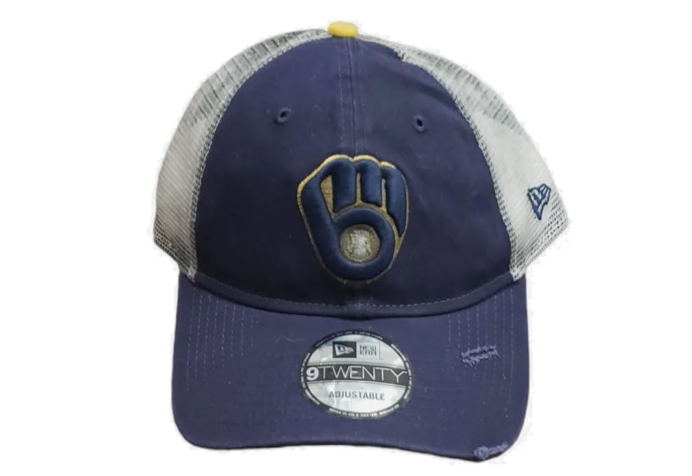 New Era Men's Rustic Faded Rips Trucker Snapback Unstructured 9twenty Hat Cap (US, Alpha, One Size, Blue, Milwaukee Brewers Glove)