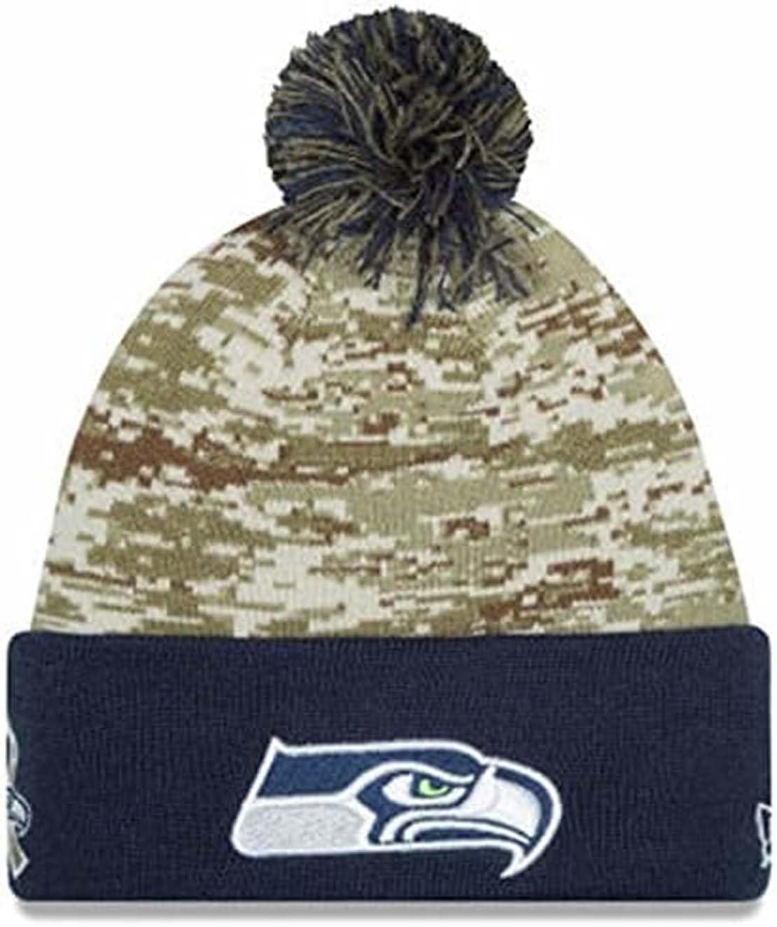 New Era Seahawks 12th Men Cold Weather Sideline Cuffed Knit Beanie Skully Cap Hat Salute to Service (Salute to Service with Pom Pom) Navy
