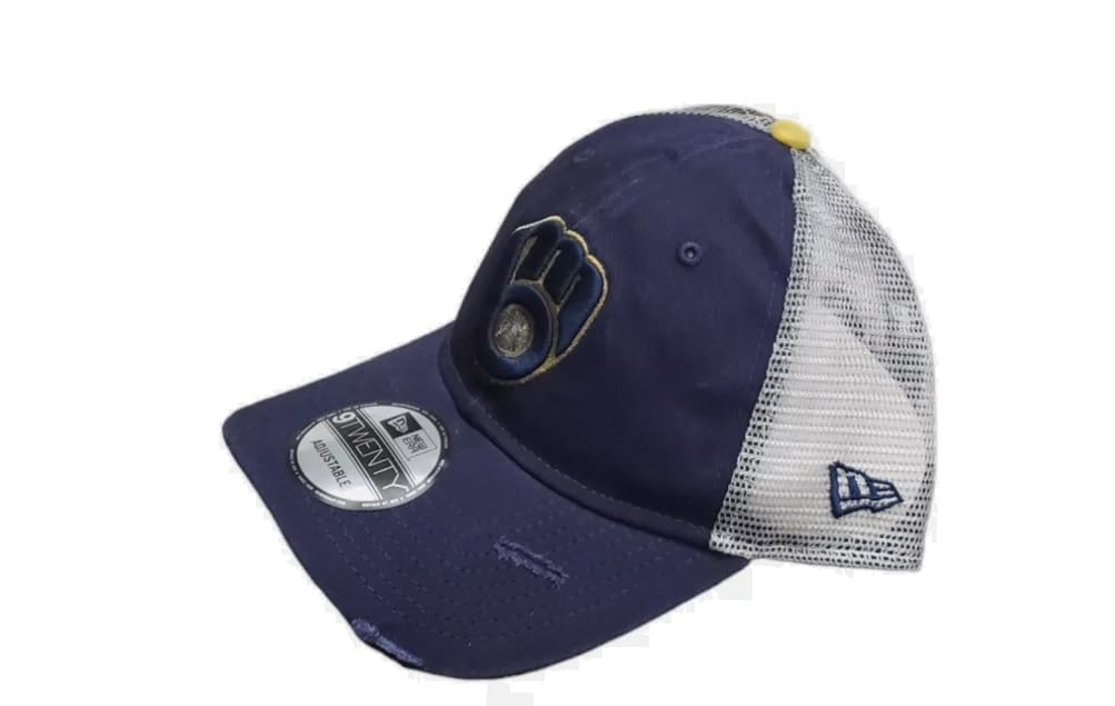 New Era Men's Rustic Faded Rips Trucker Snapback Unstructured 9twenty Hat Cap (US, Alpha, One Size, Blue, Milwaukee Brewers Glove)