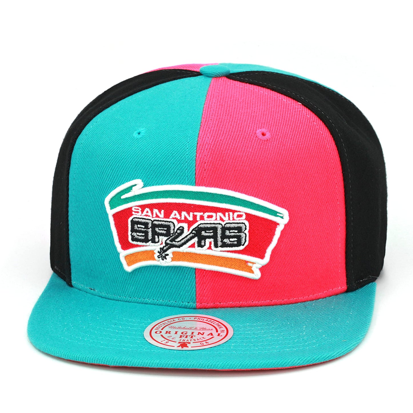 Mitchell & Ness San Antonio Spurs Pinwheel Snapback Hat Adjustable Cap - Teal/Pink/Black/Throwback