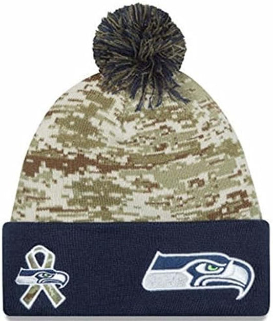 New Era Seahawks 12th Men Cold Weather Sideline Cuffed Knit Beanie Skully Cap Hat Salute to Service (Salute to Service with Pom Pom) Navy