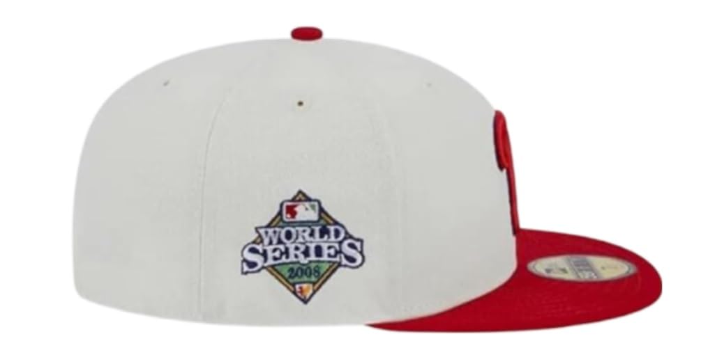 New Era Philadelphia Phillies World Series 2008 Retro Cooperstown 59Fifty 5950 Fitted Hat Cap, Ivory/Red