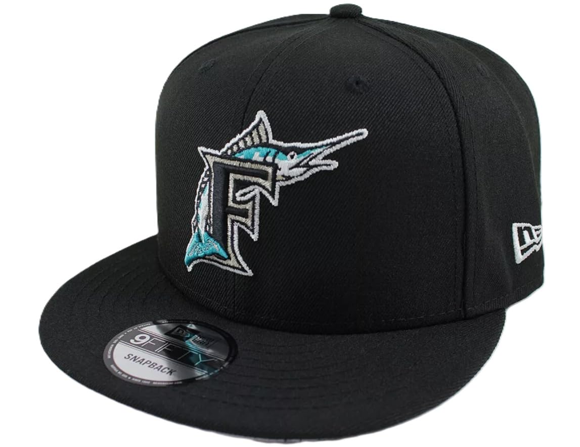 New Era Mens Marlins Cooperstown 9fifty Snapback Adjustable Baseball Hat Cap - Black
