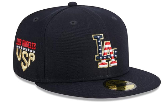 New Era Los Angeles Dodgers 2023 Fourth of July America USA 59FIFTY Fitted Hat - Navy Gold (US, Numeric, 7, Navy)
