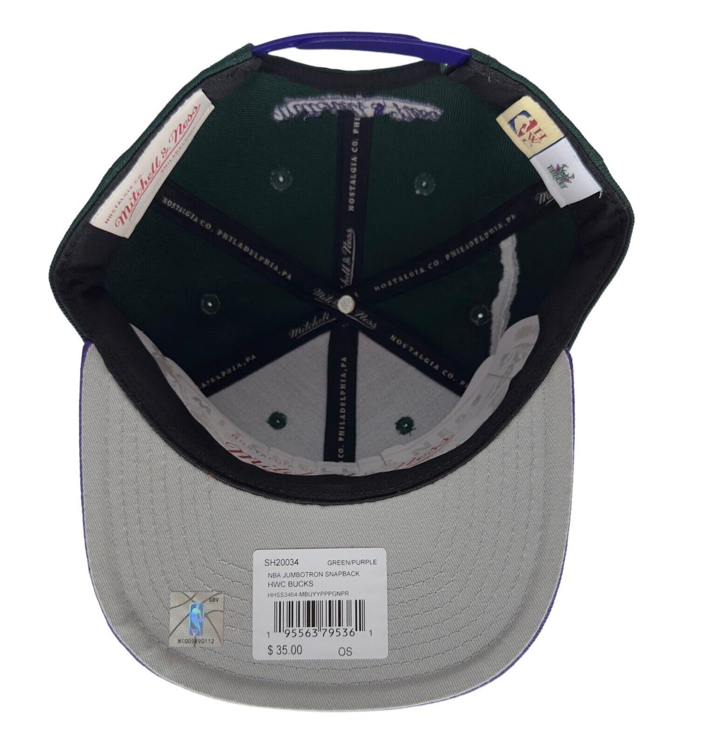 Mitchell & Ness Jumbotron Snapback Hat Adjustable Cap (Milwaukee Bucks Green/Purple)