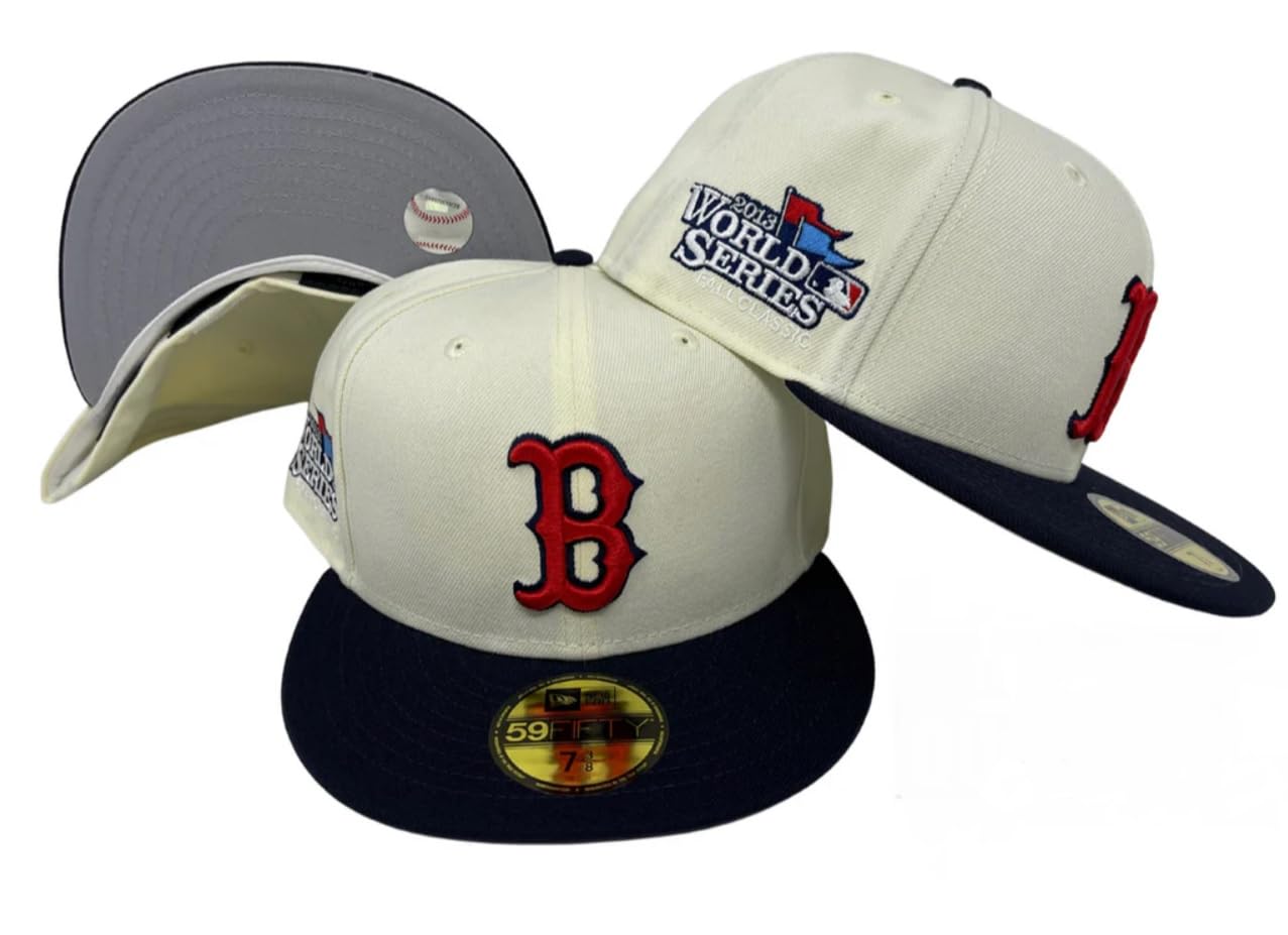 New Era Men's Boston Red Sox 2013 World Series Retro 59FIFTY Fitted Hat - Cream/Navy (US, Numeric, 7, Cream/Navy)